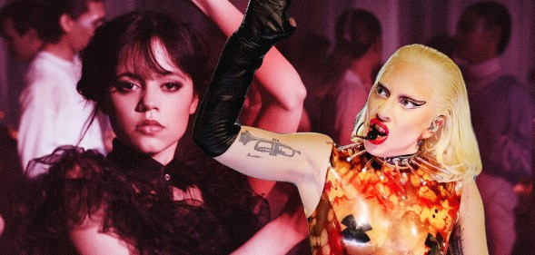 A graphic showing a light pink tinted image of Jenna Ortega as Wednesday Addams dancing in a black dress with a cut-out image of Lady Gaga performing positioned to the right