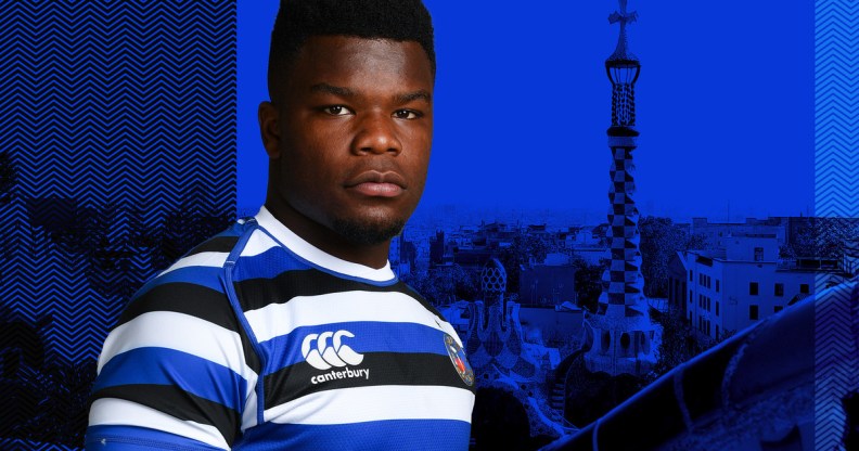 A graphic composite of missing rugby player Levi Davis wearing his kit against a blue background of Barcelona