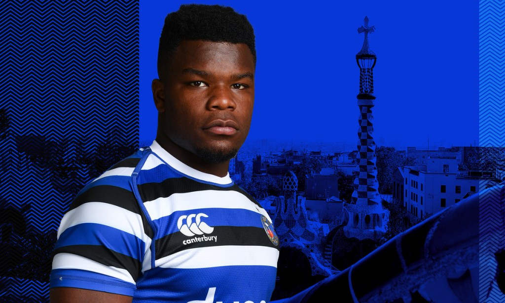 A graphic composite of missing rugby player Levi Davis wearing his kit against a blue background of Barcelona