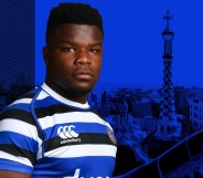 A graphic composite of missing rugby player Levi Davis wearing his kit against a blue background of Barcelona