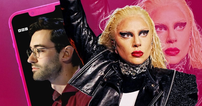 Lady Gaga superfan James Devine-Stoneman on BBC Mastermind and Lady Gaga performing in a black jacket.