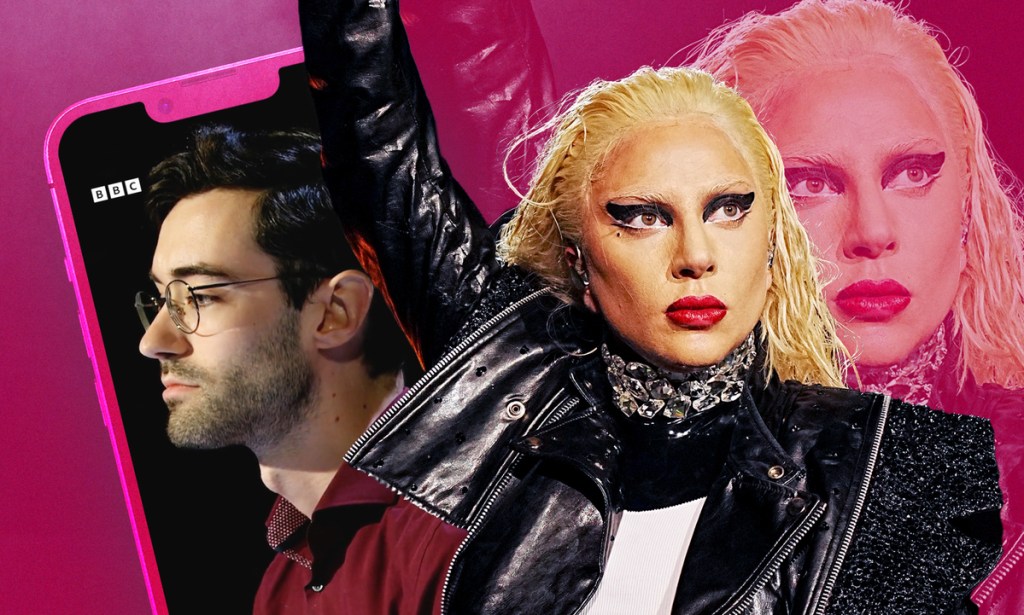 Lady Gaga superfan James Devine-Stoneman on BBC Mastermind and Lady Gaga performing in a black jacket.
