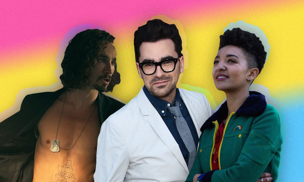 A graphic composite showing different pansexual characters from TV programmes - Klaus Hargeeves (L), David Rose and Ola Nyman (R) all superimposed in front of the pansexual Pride flag.