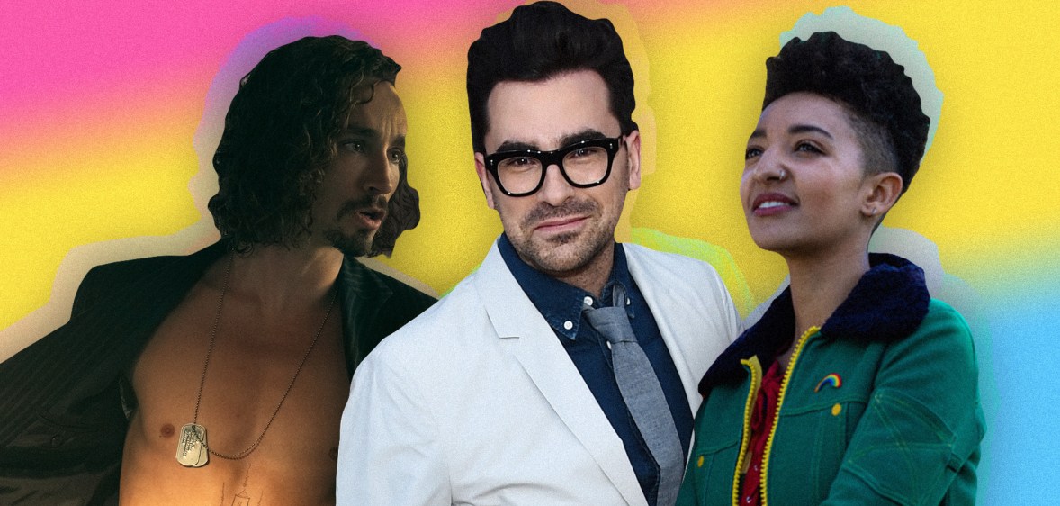 A graphic composite showing different pansexual characters from TV programmes - Klaus Hargeeves (L), David Rose and Ola Nyman (R) all superimposed in front of the pansexual Pride flag.