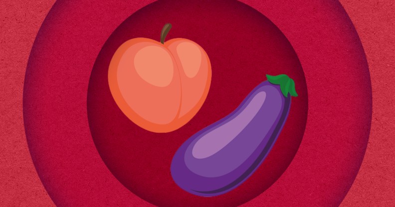 Emojis of a peach and an aubergine on a red background