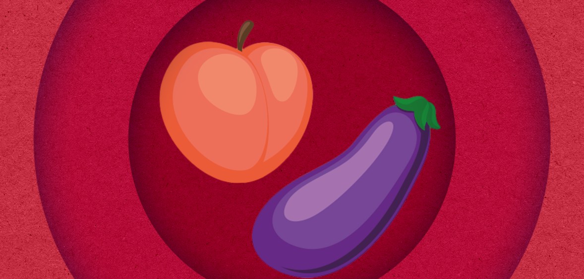 Emojis of a peach and an aubergine on a red background