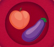 Emojis of a peach and an aubergine on a red background