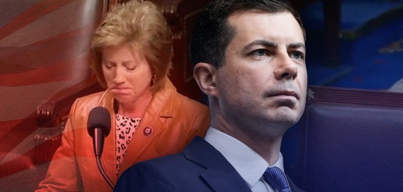 A side-by-side image of Pete Buttigieg in a blue suit, and Vicky Hartzler crying in an orange suit.