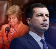 A side-by-side image of Pete Buttigieg in a blue suit, and Vicky Hartzler crying in an orange suit.