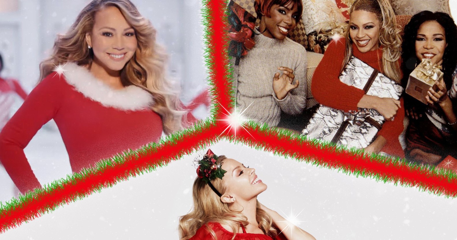 An edited image shows Mariah Carey dressed in a Santa-inspired costume in a music video in the top left hand corner. On the top right is a picture of Destiny's Child. On the bottom half of the picture is Kylie Minogue posing in artwork for her Christmas album. Christmas tinsel separates each image.