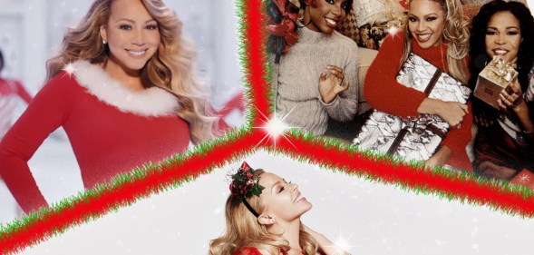 An edited image shows Mariah Carey dressed in a Santa-inspired costume in a music video in the top left hand corner. On the top right is a picture of Destiny's Child. On the bottom half of the picture is Kylie Minogue posing in artwork for her Christmas album. Christmas tinsel separates each image.