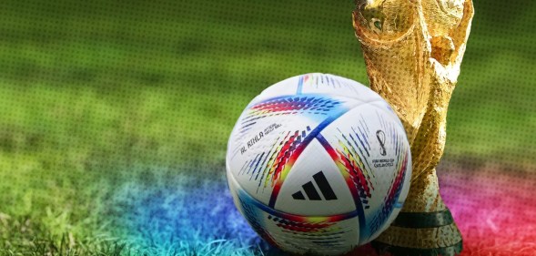 The World Cup trophy and a football with rainbow colours marked over the image in the bottom right-hand corner