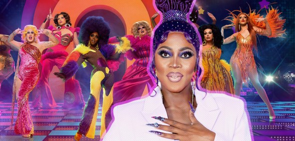 A composite image showing in the foreground American drag queen Ra'Jah O'Hara wearing a white top set against a background still from Canada's Drag Race: Canada Vs. The World
