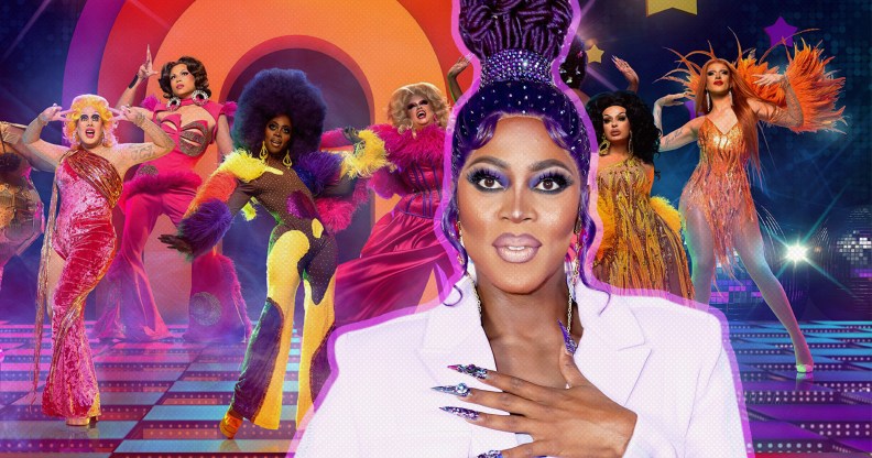 A composite image showing in the foreground American drag queen Ra'Jah O'Hara wearing a white top set against a background still from Canada's Drag Race: Canada Vs. The World