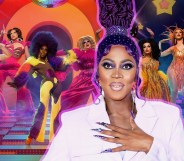 A composite image showing in the foreground American drag queen Ra'Jah O'Hara wearing a white top set against a background still from Canada's Drag Race: Canada Vs. The World