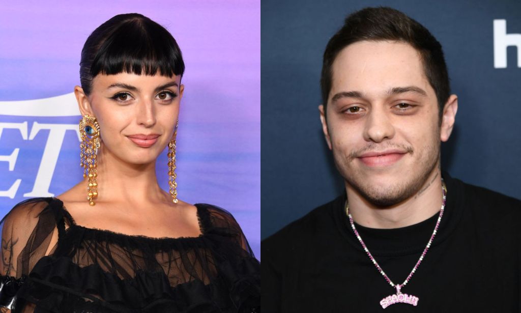 Rebecca Black pictured wearing large earrings on the left and Pete Davidson pictured wearing a black t-shirt on the right.