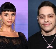 Rebecca Black pictured wearing large earrings on the left and Pete Davidson pictured wearing a black t-shirt on the right.