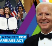 Joe Biden smiles in front of a Progress Pride flag, while a picture of Nancy Pelosi, surrouunded by lawmakers, holding the Respect for Marriage Act.