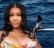 Collage of SZA smiling at the camera and SZA sitting on a diving board surrounded by ocean
