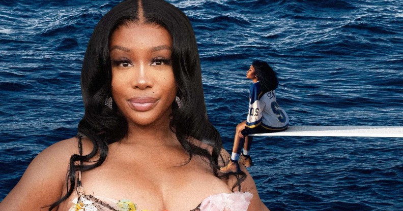 Collage of SZA smiling at the camera and SZA sitting on a diving board surrounded by ocean