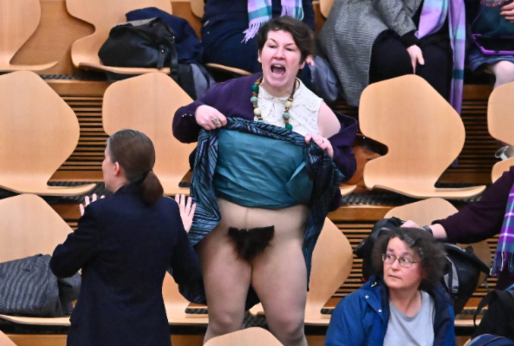 'Gender critical' protester flashes pubic wig in Scottish parliament after trans rights bill passed