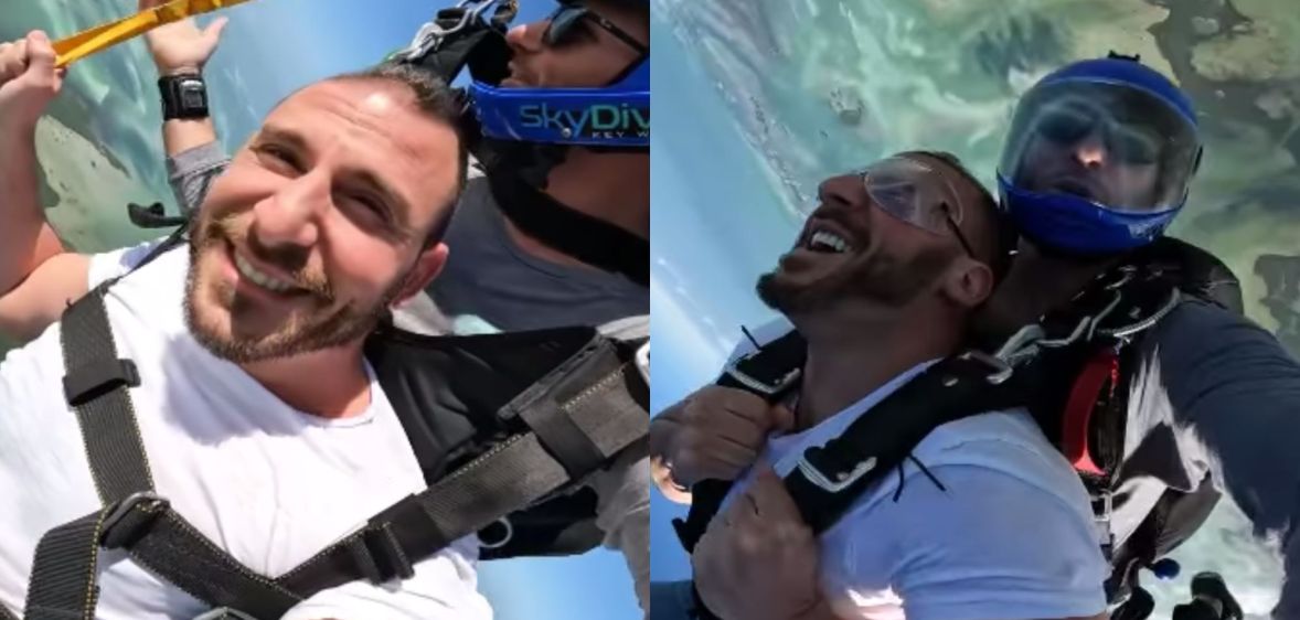 side by side photo of man in white t-shirt skydiving out of a plane in Florida