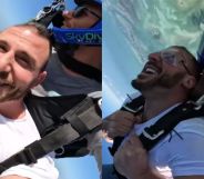 side by side photo of man in white t-shirt skydiving out of a plane in Florida
