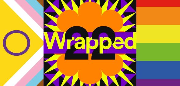 A graphic composite showing a Spotify Wrapped logo superimposed over a rainbow background. (Spotify)