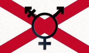 A graphic showing the Northern Ireland flag overlaid with a trans symbol