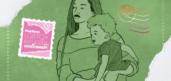 An image designed like a postcard set in green showing a Black woman carrying a child. The image is illustrated with a stamp in the right hand side reading "PinkNews LGBTQ Refugees Welcome".
