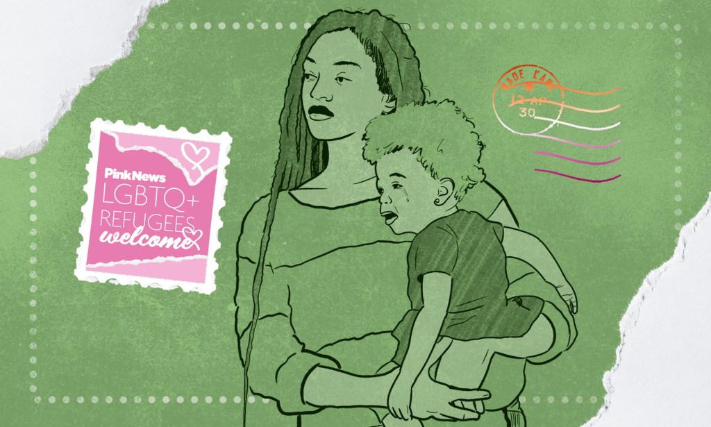 An image designed like a postcard set in green showing a Black woman carrying a child. The image is illustrated with a stamp in the right hand side reading "PinkNews LGBTQ Refugees Welcome".