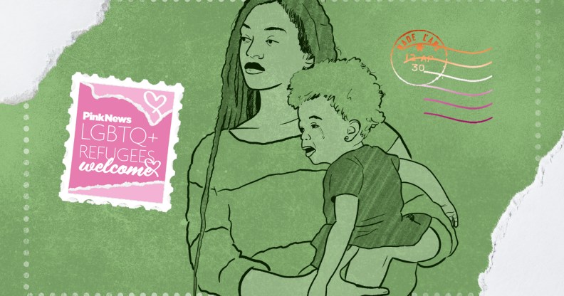 An image designed like a postcard set in green showing a Black woman carrying a child. The image is illustrated with a stamp in the right hand side reading "PinkNews LGBTQ Refugees Welcome".