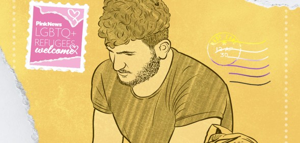 An illustration in yellow showing an emotional Afghan man wearing a t-shirt. The image is illustrated in the design of a postcard, with a stamp in the top left hand corner in pink reading "PinkNews LGBTQ Refugees Welcome".