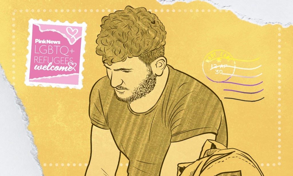 An illustration in yellow showing an emotional Afghan man wearing a t-shirt. The image is illustrated in the design of a postcard, with a stamp in the top left hand corner in pink reading "PinkNews LGBTQ Refugees Welcome".