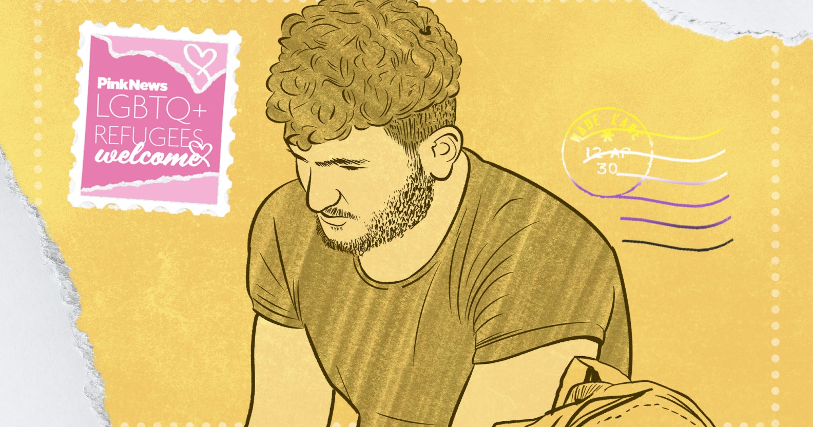An illustration in yellow showing an emotional Afghan man wearing a t-shirt. The image is illustrated in the design of a postcard, with a stamp in the top left hand corner in pink reading "PinkNews LGBTQ Refugees Welcome".