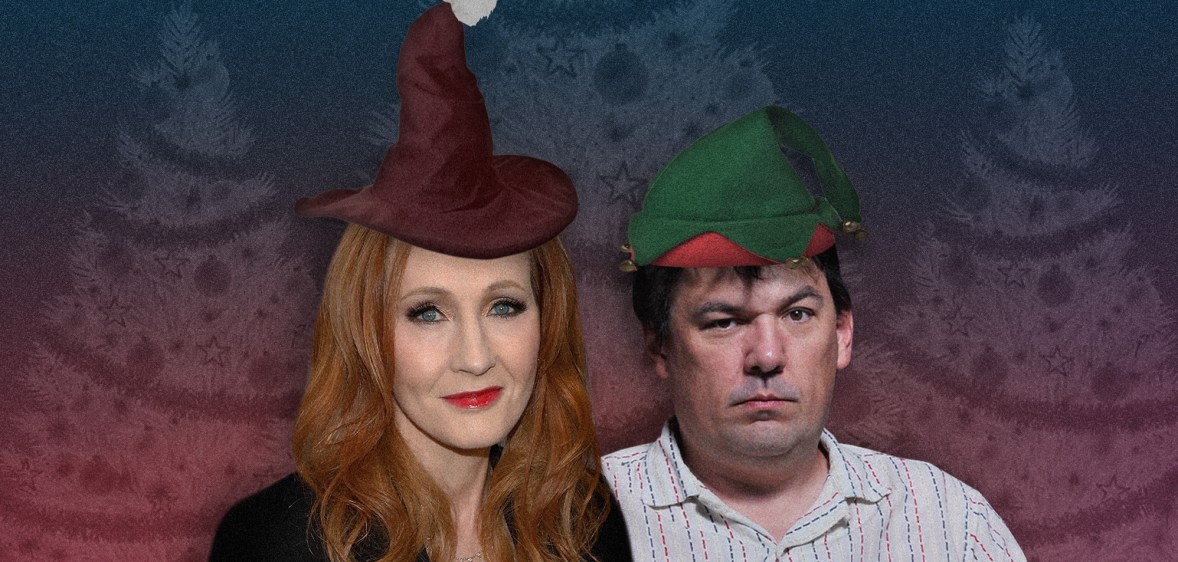 A graphic showing Harry Potter author JK Rowling (left) wearing a witch's hat and Father Ted creator Graham Linehan wearing an elf hat against a background showing Christmas tree shapes