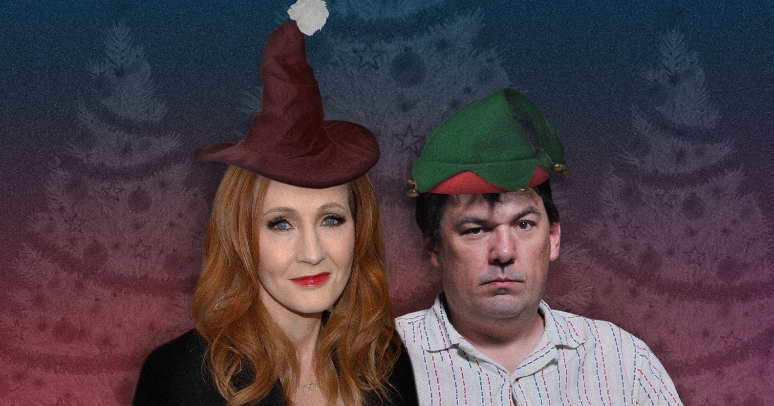 A graphic showing Harry Potter author JK Rowling (left) wearing a witch's hat and Father Ted creator Graham Linehan wearing an elf hat against a background showing Christmas tree shapes