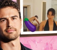 A graphic composite showing a close-up of White Lotus actor Theo James on the left with a screenshot from the series showing Aubrey Plaza looking into a mirror and in the mirror's reflection you can see a naked man bending over