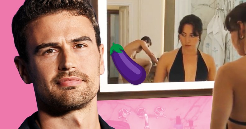 A graphic composite showing a close-up of White Lotus actor Theo James on the left with a screenshot from the series showing Aubrey Plaza looking into a mirror and in the mirror's reflection you can see a naked man bending over