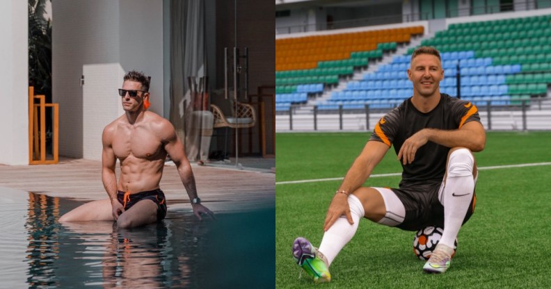 On the left, gay former footballer Thomas Beattie is pictured sitting by a swimming pool with his legs in the water. On the right, he's pictured on a football pitch wearing his kit and sitting on a football.