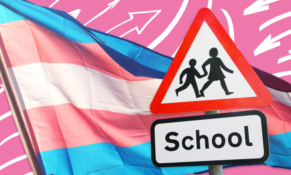 A trans flag and a school crossing sign
