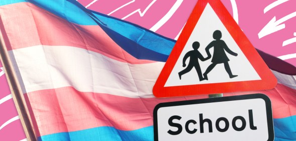 A trans flag and a school crossing sign