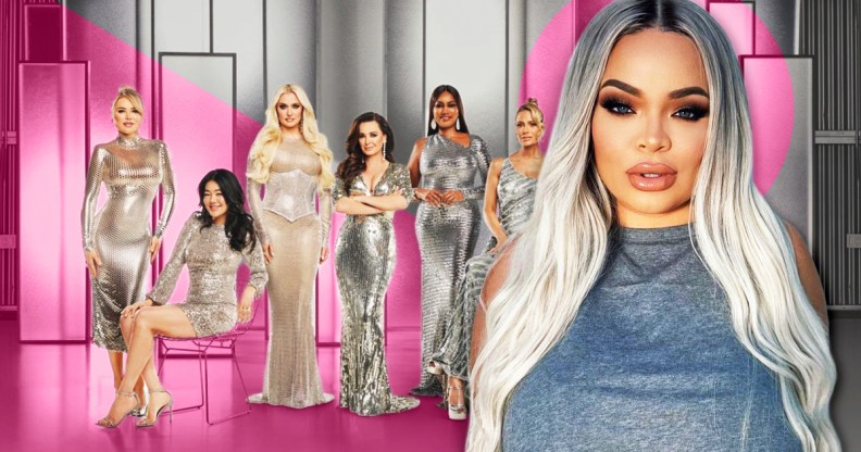 An image shows American YouTuber and singer Trisha Paytas wearing a light blue top and in the background are The Real Housewives of Beverly Hills' actors standing next to each other