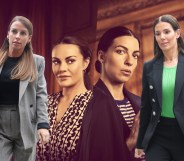 A composite four-image picture shows Coleen Rooney on the left with actor Chanel Cresswell who plays her in the new Channel 4 drama Vardy v Rooney: A Courtroom Drama next to her, alongside that is actor Natalia Tena who plays Rebekah Vardy with a real photo of Vardy to the right