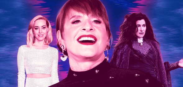 A graphic showing in the foreground a cutout close-up image of actor Patti LuPone wearing a black and sequin top, behind her is actor Aubrey Plaza wearing a white top and trousers and to the right is actor Kathryn Hahn dressed in her Agatha Harkness costume from Disney+ series Wandavision.