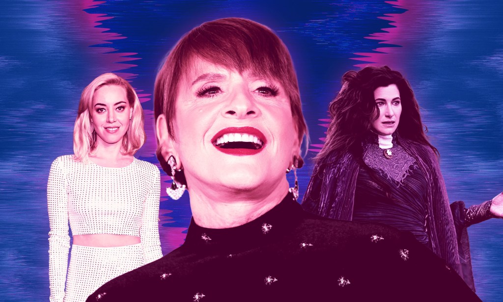 A graphic showing in the foreground a cutout close-up image of actor Patti LuPone wearing a black and sequin top, behind her is actor Aubrey Plaza wearing a white top and trousers and to the right is actor Kathryn Hahn dressed in her Agatha Harkness costume from Disney+ series Wandavision.