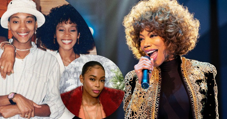 Collage of the real-life Whitney and Robyn, Naomi as Whitney and Nafessa Williams as Robyn