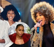 Collage of the real-life Whitney and Robyn, Naomi as Whitney and Nafessa Williams as Robyn
