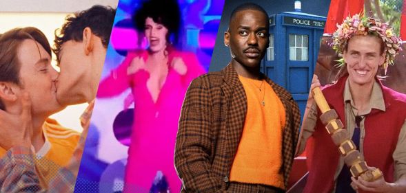 Collage of Heartstopper's Nick and Charlie kissing, Jordan Gray about to strip, Ncuti Gatwa as the Doctor and Jill Scott wearing her I'm A Celeb crown