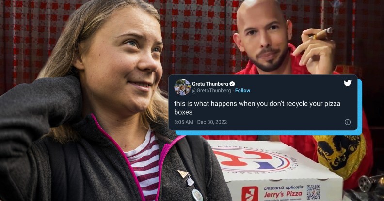 Collage of Greta smiling, Andrew sitting in front of pizza boxes, and Greta's pizza box tweet